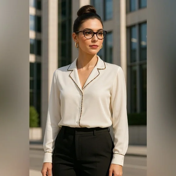 ZARA silky Ivory blouse w/ animal-print piping trim size S - Picture 14 of 14